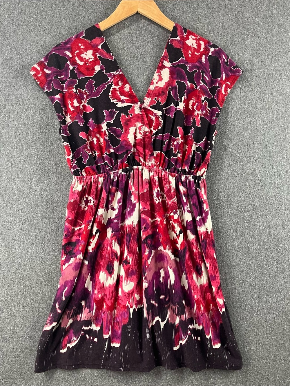 Pink Rose Abstract Floral V Neck Tunic Dress Lightweight Elastic Waist Boho Top